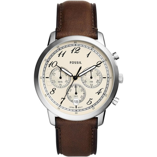 FOSSIL Mod. NEUTRA wristwatch with brown leather strap and stainless steel case, featuring chronograph and date functions.