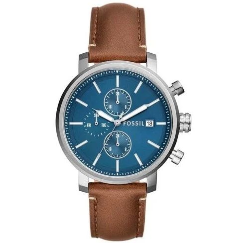 FOSSIL Mod. RHETT wristwatch with stainless steel case, brown leather strap, and blue chronograph dial, 42mm, quartz movement.