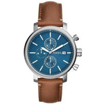 FOSSIL Mod. RHETT wristwatch with stainless steel case, brown leather strap, and blue chronograph dial, 42mm, quartz movement.