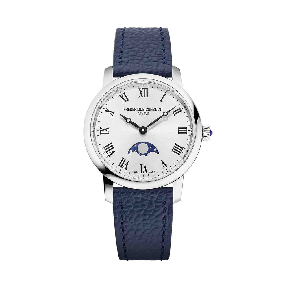 Luxury watch FREDERIQUE CONSTANT MOD. FC-206RS1S6 with blue leather strap and Roman numeral dial design.