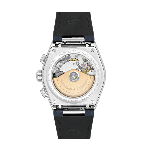 FREDERIQUE CONSTANT Mod. HIGHLIFE CHRONO watch case back view showcasing intricate mechanical movement.