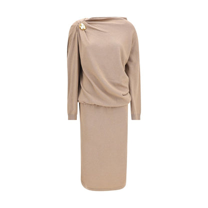 Fabiana Filippi Beige Fleece Wool Casual Dress with gold button detail on shoulder, featuring ribbed cuffs and feminine silhouette.