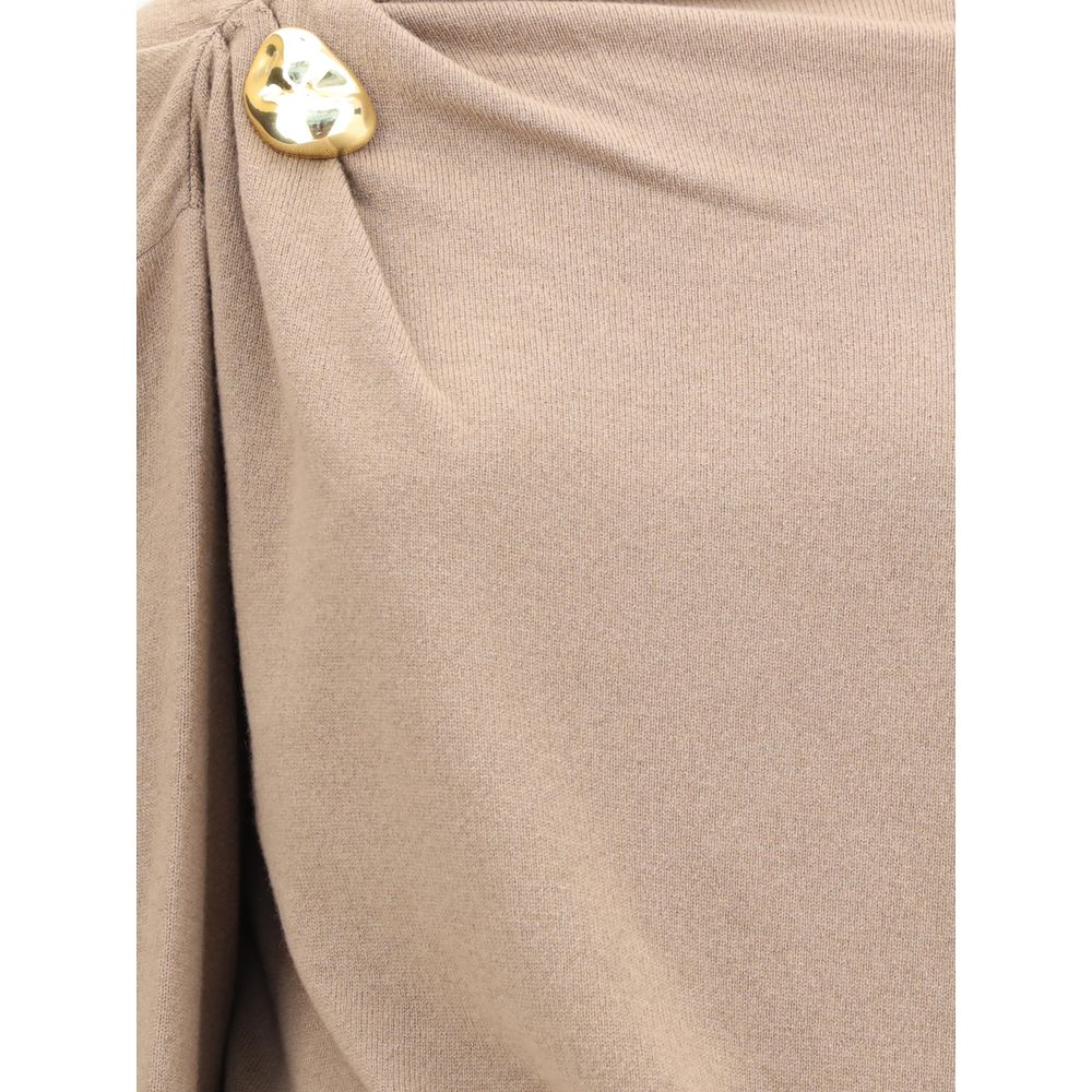 Close-up of Fabiana Filippi Beige Fleece Wool Casual Dress with gold button detail on shoulder.