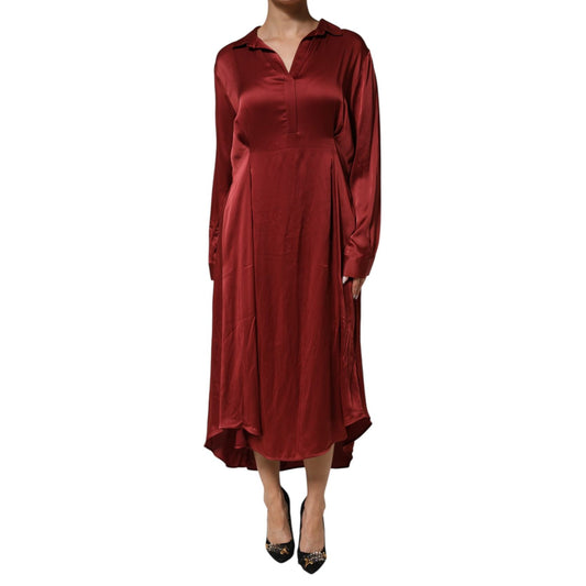 Fabiana Filippi Burgundy Acetate Viscose Satin Long Dress with collared neckline and flowy high-low midi silhouette.