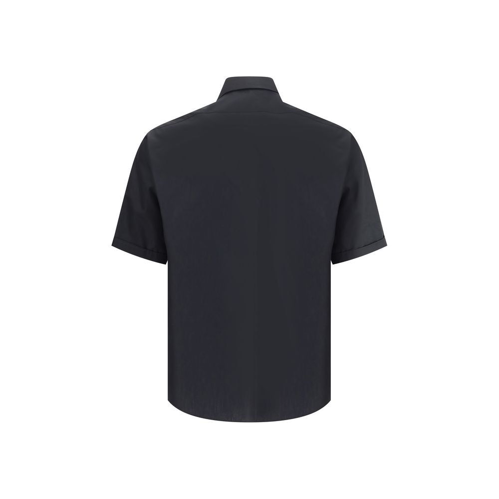 Fendi Black Cotton Shortsleeve Shirt with classic collar, concealed buttons, and zippered patch pocket, back view