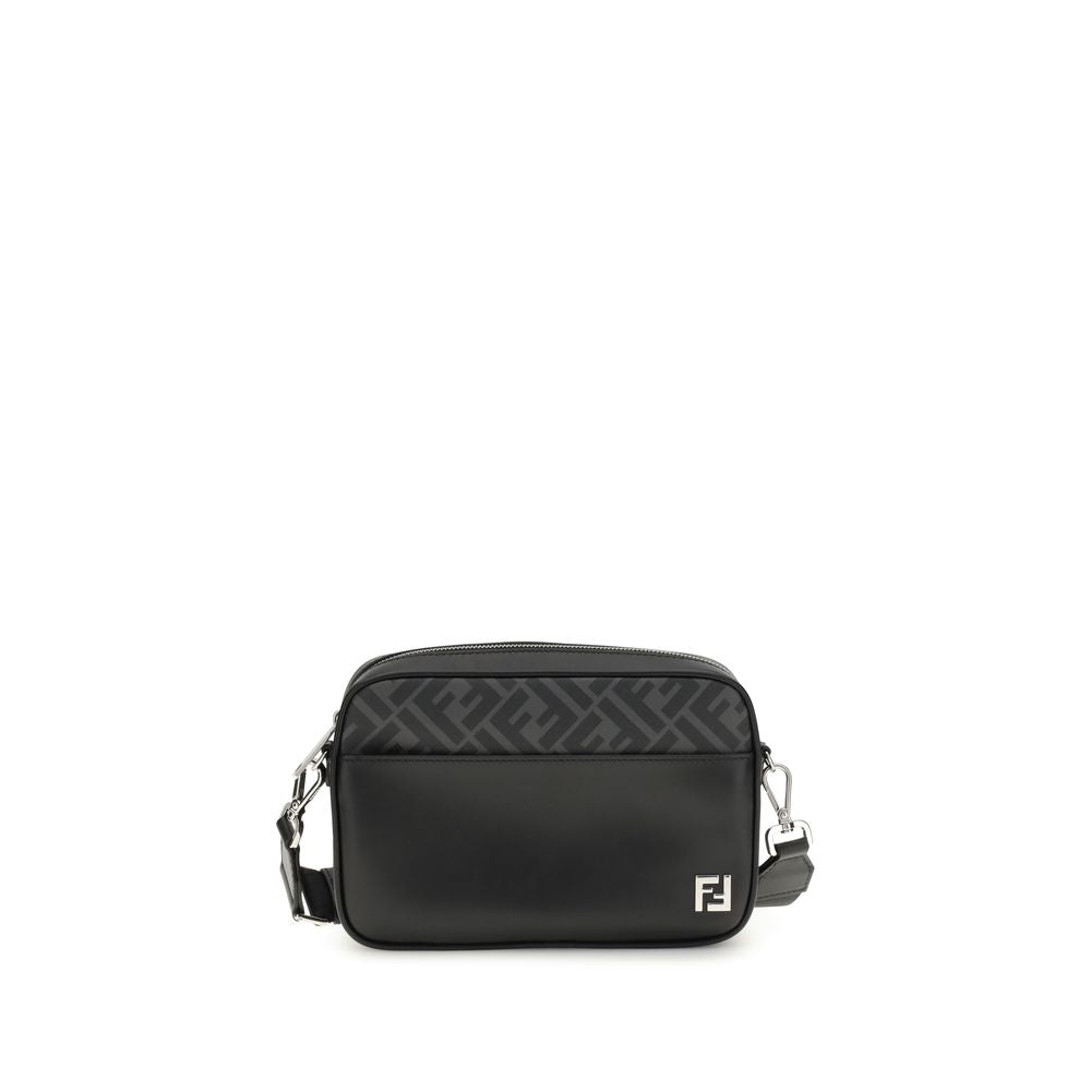 Fendi Black Leather Shoulder Bag with FF logo applique and adjustable strap, featuring a black leather and FF canvas design.