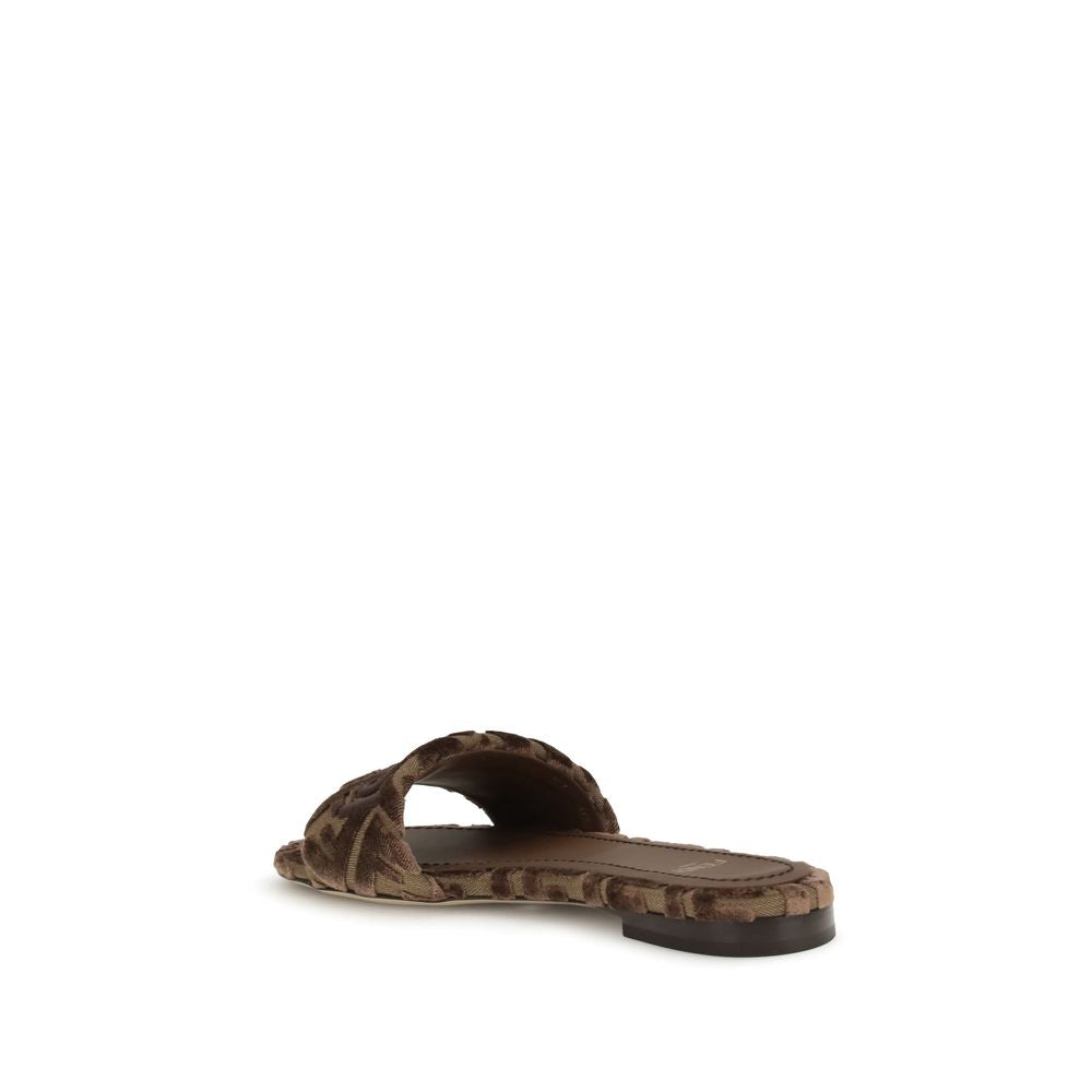Fendi Brown Viscose Flat Sandals with embroidered logo and signature insole, showing practical slip-on design for AW25 season.