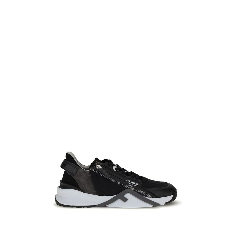 Fendi Gray Calf Leather Bos Taurus Athletic Sneakers with elastic laces, side zipper, and FF jacquard nylon design