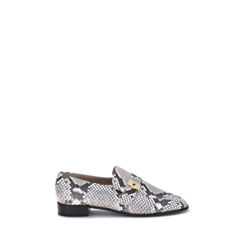 Ferragamo Multicolor Goatskin Slip-On Loafers with python print, squared toe, block heel, and golden metal detail.