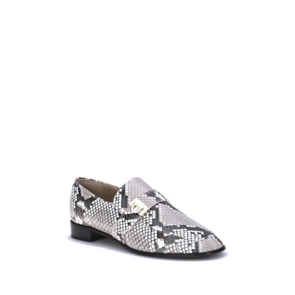 Ferragamo Multicolor Goatskin Slip-On Loafers with python print and golden metal detail.