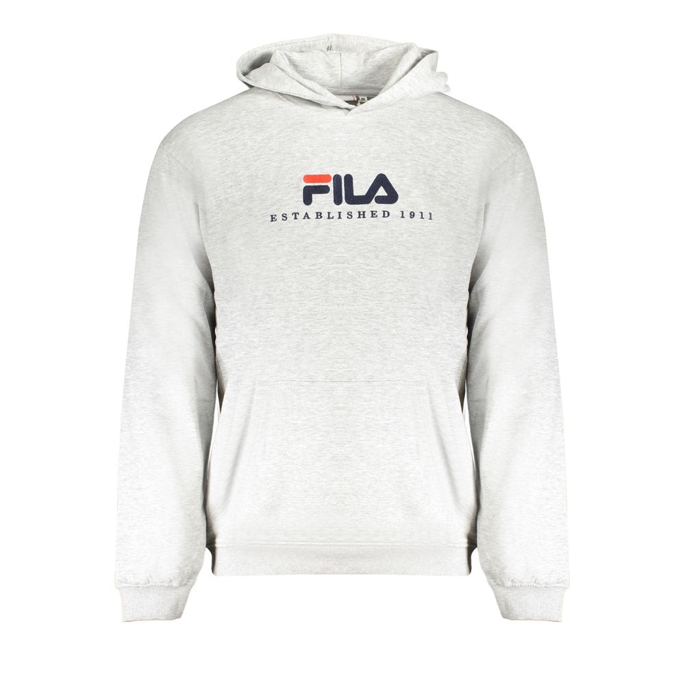 Fila Gray Cotton Men Sweater with embroidered logo, long sleeves, and hood, showcasing comfort and casual style with a central pocket.