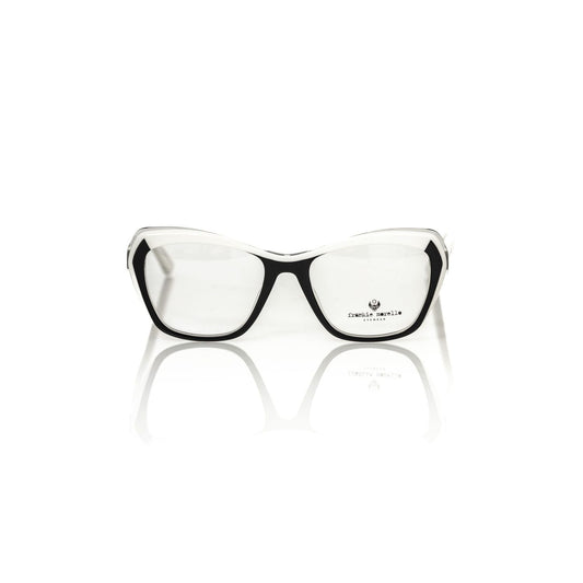 Frankie Morello Black Acetate Women's Frame with chic cat eye design, features black frame accented by white and transparent details.