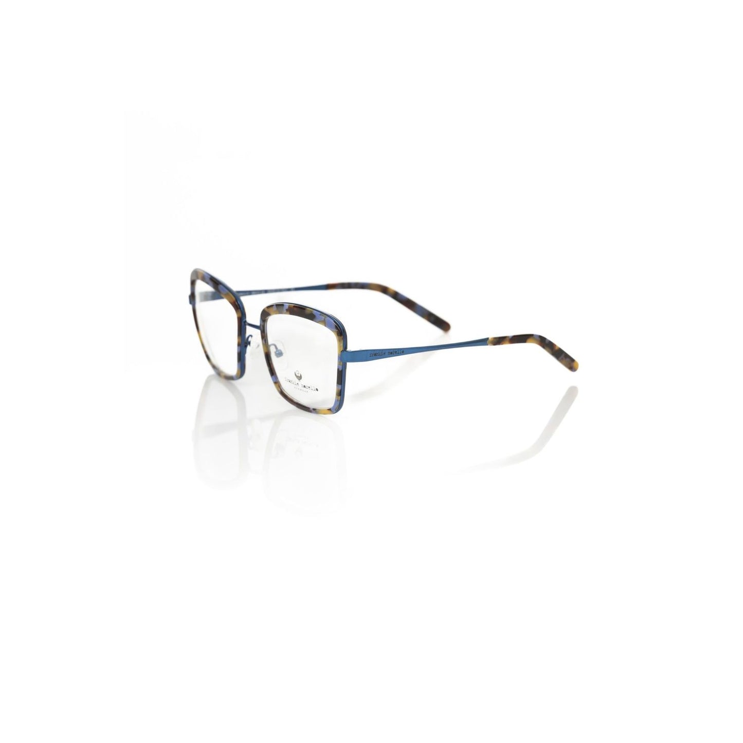 Frankie Morello Blue Metallic Women's Eyeglass Frame with square design and Havana pattern, crafted in Italy.