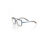 Frankie Morello Blue Metallic Women's Eyeglass Frame with square design and Havana pattern, crafted in Italy.