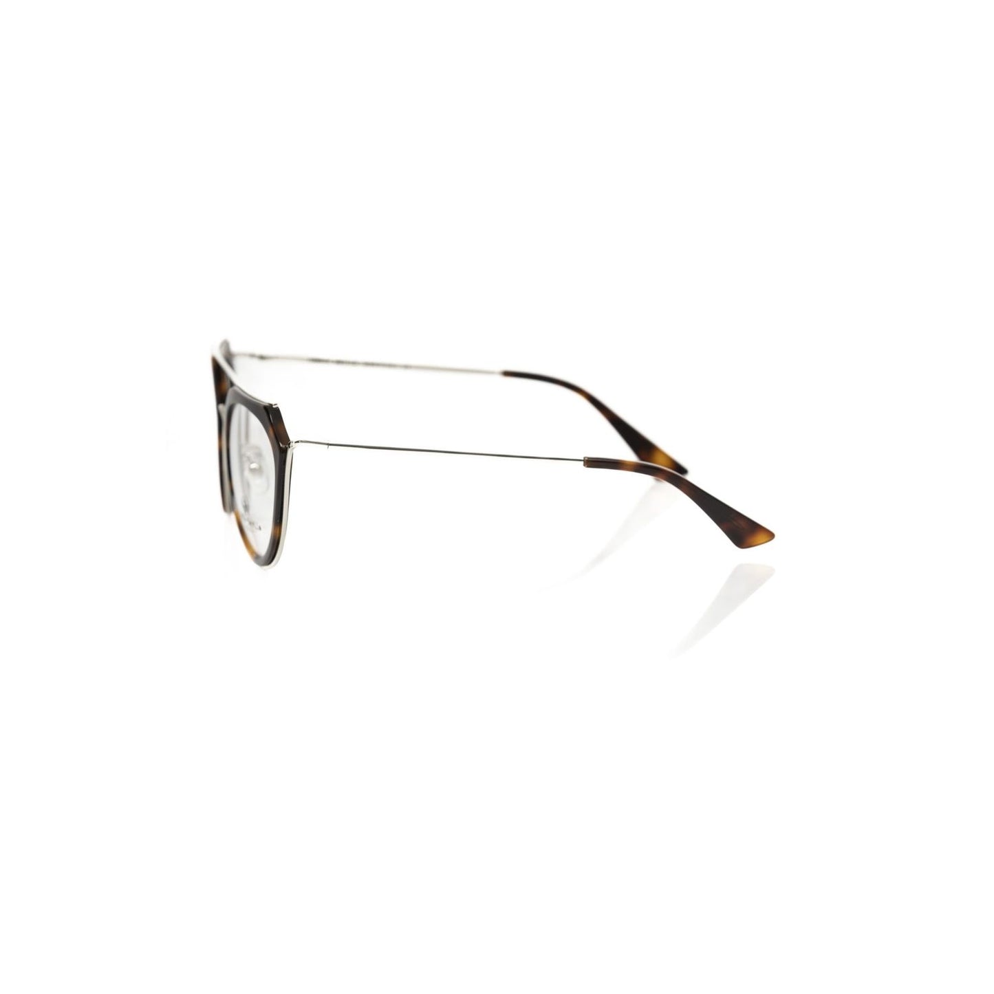 Frankie Morello Brown Acetate Women's Frame with tortoiseshell detail and metallic accents, side view showcasing chic design.