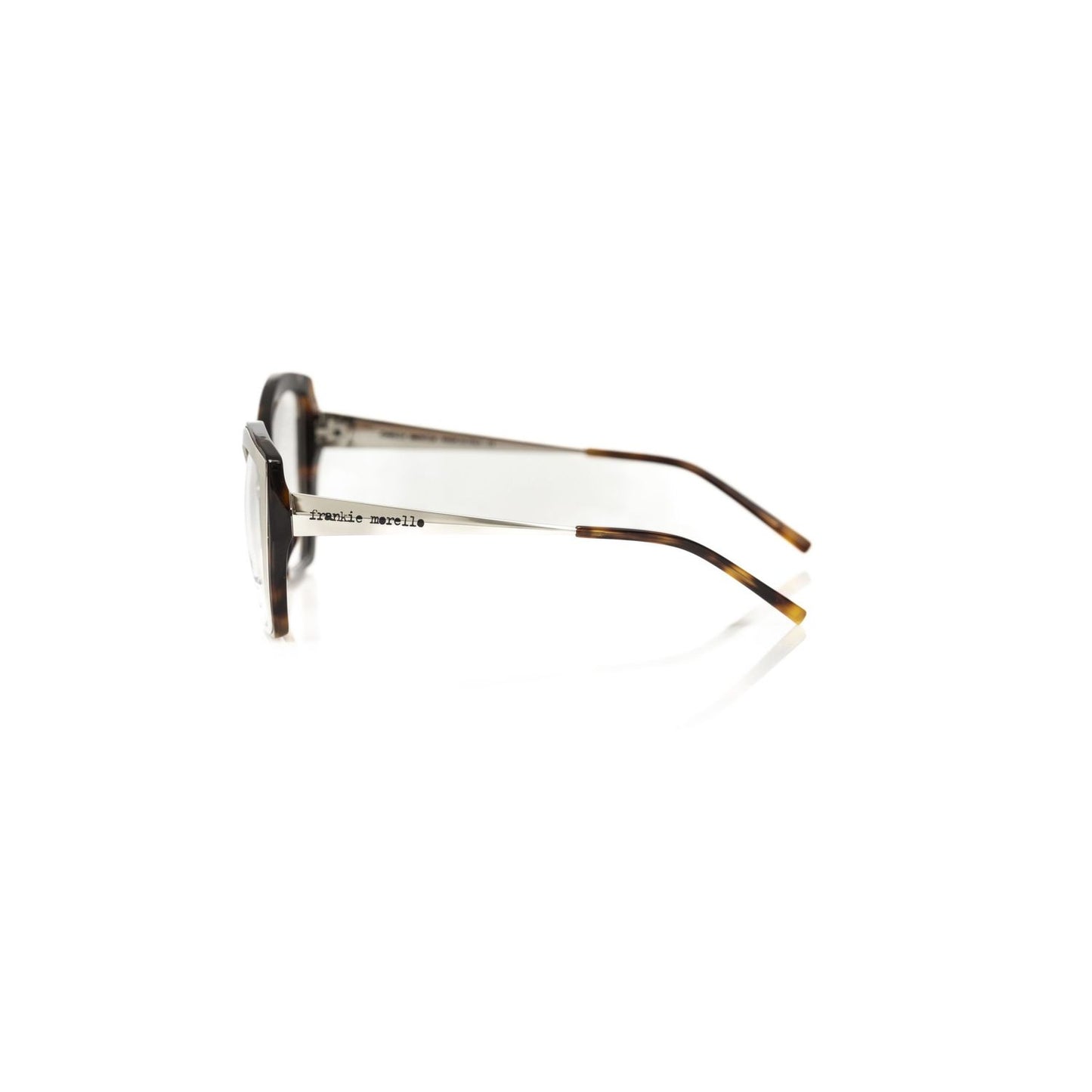 Side view of Frankie Morello Multicolor Acetate Women's Frame showcasing chic metal profile and brown turtle interior.