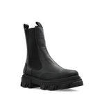GANNI Boots Black, chunky rubber sole, elasticated side panels, pull-tab heel, Chelsea mid leather boots for stylish slip-on wear.