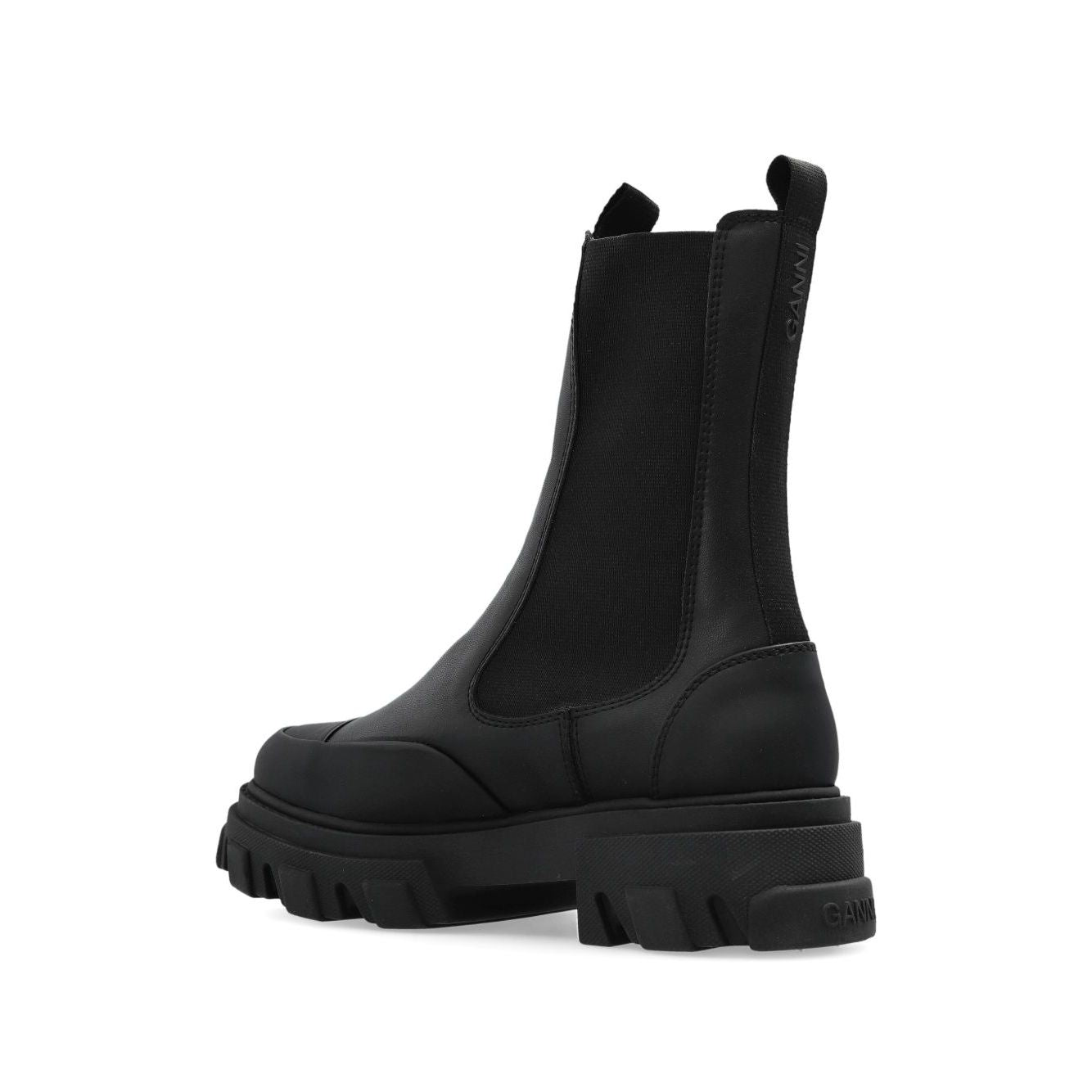 GANNI Boots Black, slip-on Chelsea mid boots with chunky rubber sole, elasticated side panels, and heel pull-tab for easy wear.