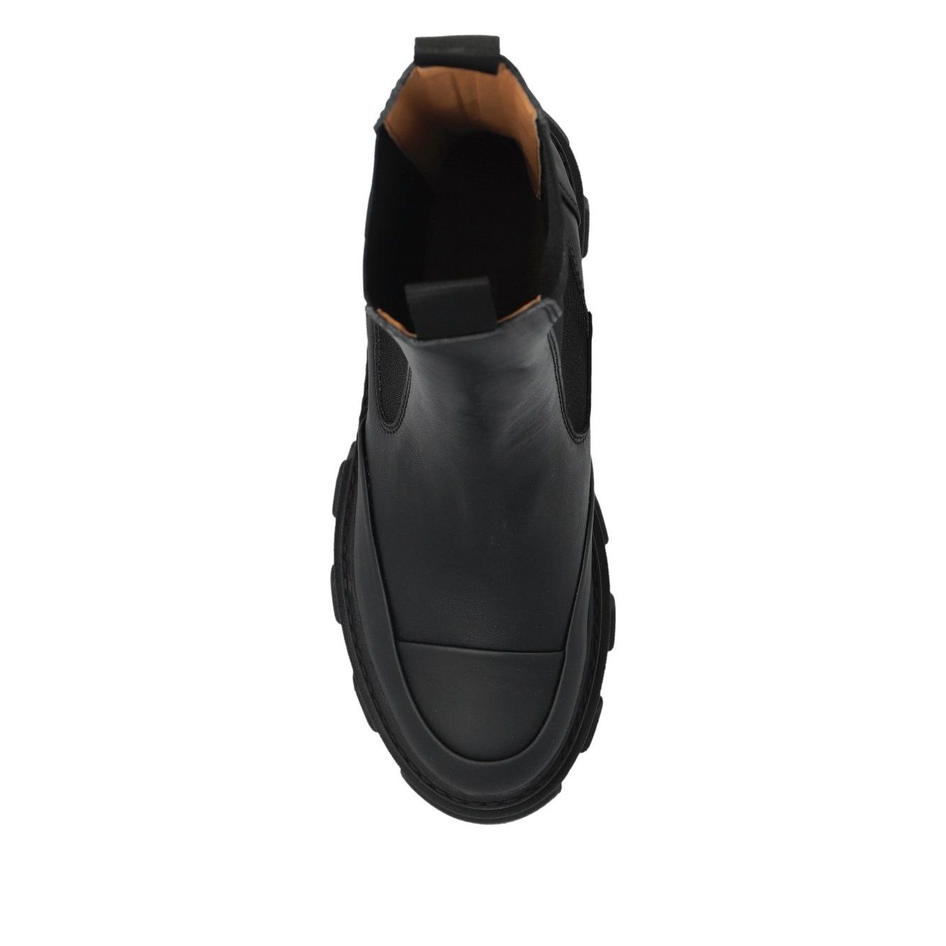 GANNI Boots Black showing top view with chunky rubber sole, elasticated side panels, and heel pull-tab in leather Chelsea design.