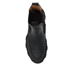 GANNI Boots Black showing top view with chunky rubber sole, elasticated side panels, and heel pull-tab in leather Chelsea design.