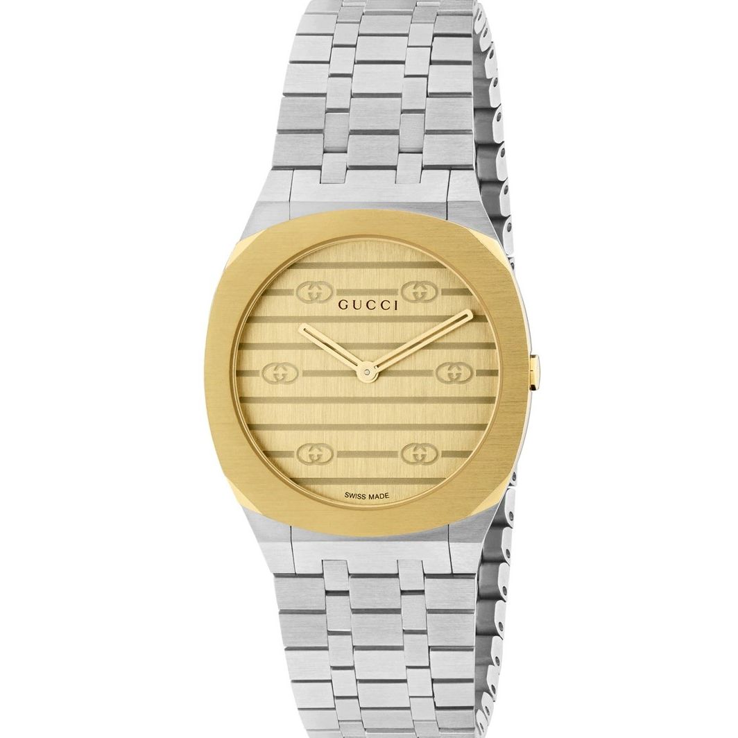 Luxury wristwatch from GUCCI Mod. 25H COLLECTION with gold bezel and silver bracelet, Swiss made.