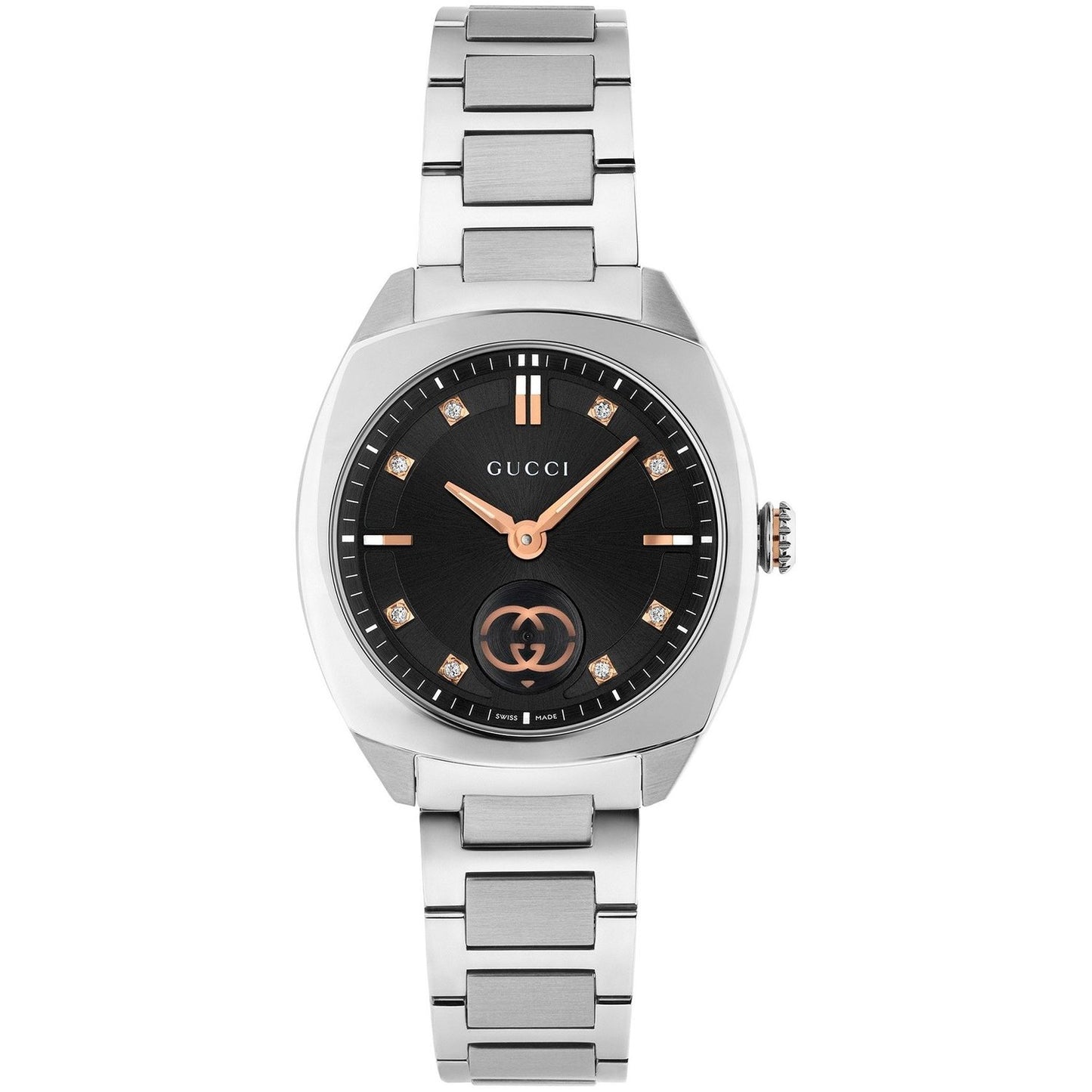 GUCCI Mod. INTERLOCKING luxury watch with black dial and silver bracelet