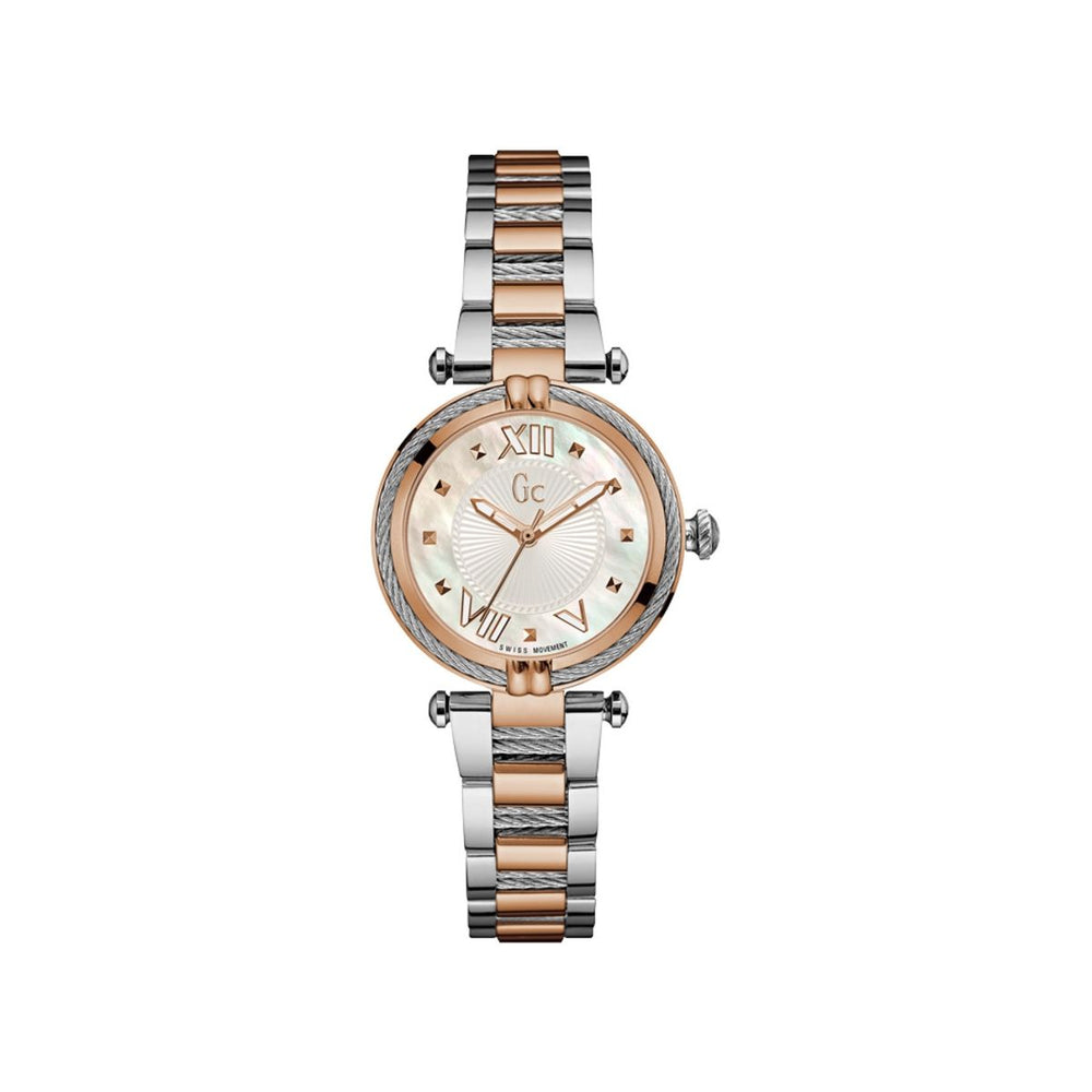 Elegant GUESS COLLECTION WATCHES Mod. Y18002L1 with two-tone metal band and roman numeral dial on white background.