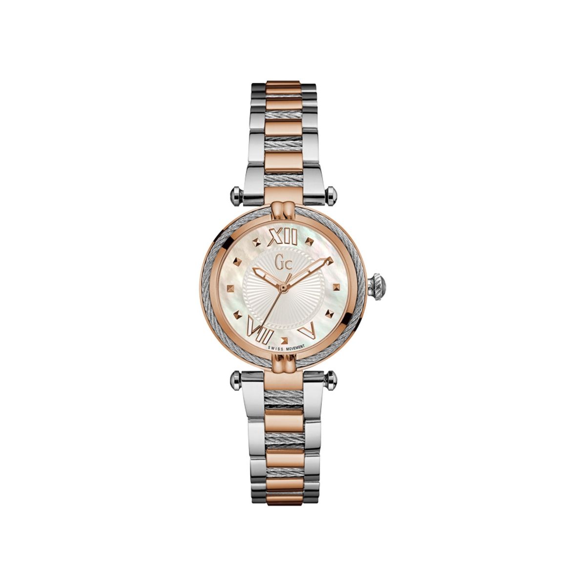 Elegant GUESS COLLECTION WATCHES Mod. Y18002L1 with two-tone metal band and roman numeral dial on white background.