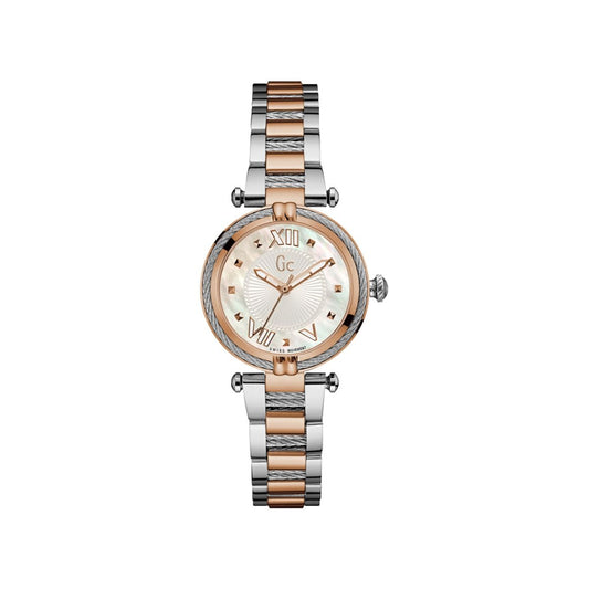 Elegant GUESS COLLECTION WATCHES Mod. Y18002L1 with two-tone metal band and roman numeral dial on white background.