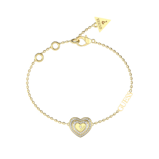 GUESS JEWELS JEWELRY Mod. JUBB04031JWYGS heart bracelet with gold chain and embellishments.