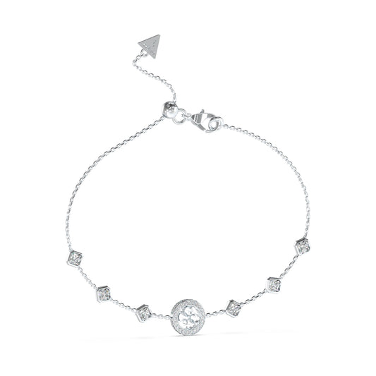 Silver bracelet "GUESS JEWELS JEWELRY Mod. JUBB04156JWRHT-U" with decorative charms and arrow detail.