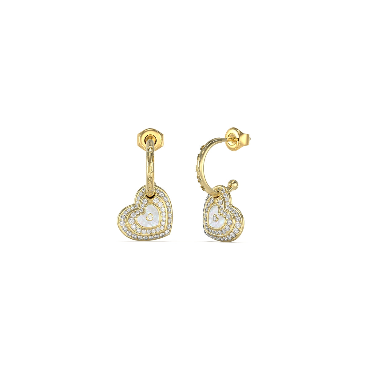 GUESS JEWELS JEWELRY Mod. JUBE04019JWYGWHT-U gold heart-shaped earrings with crystal accents on white background.