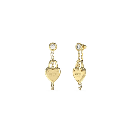 Alt Tag: Elegant heart-shaped gold earrings from GUESS JEWELS JEWELRY Mod. JUBE04212JWYGT-U, featuring crystal embellishments.