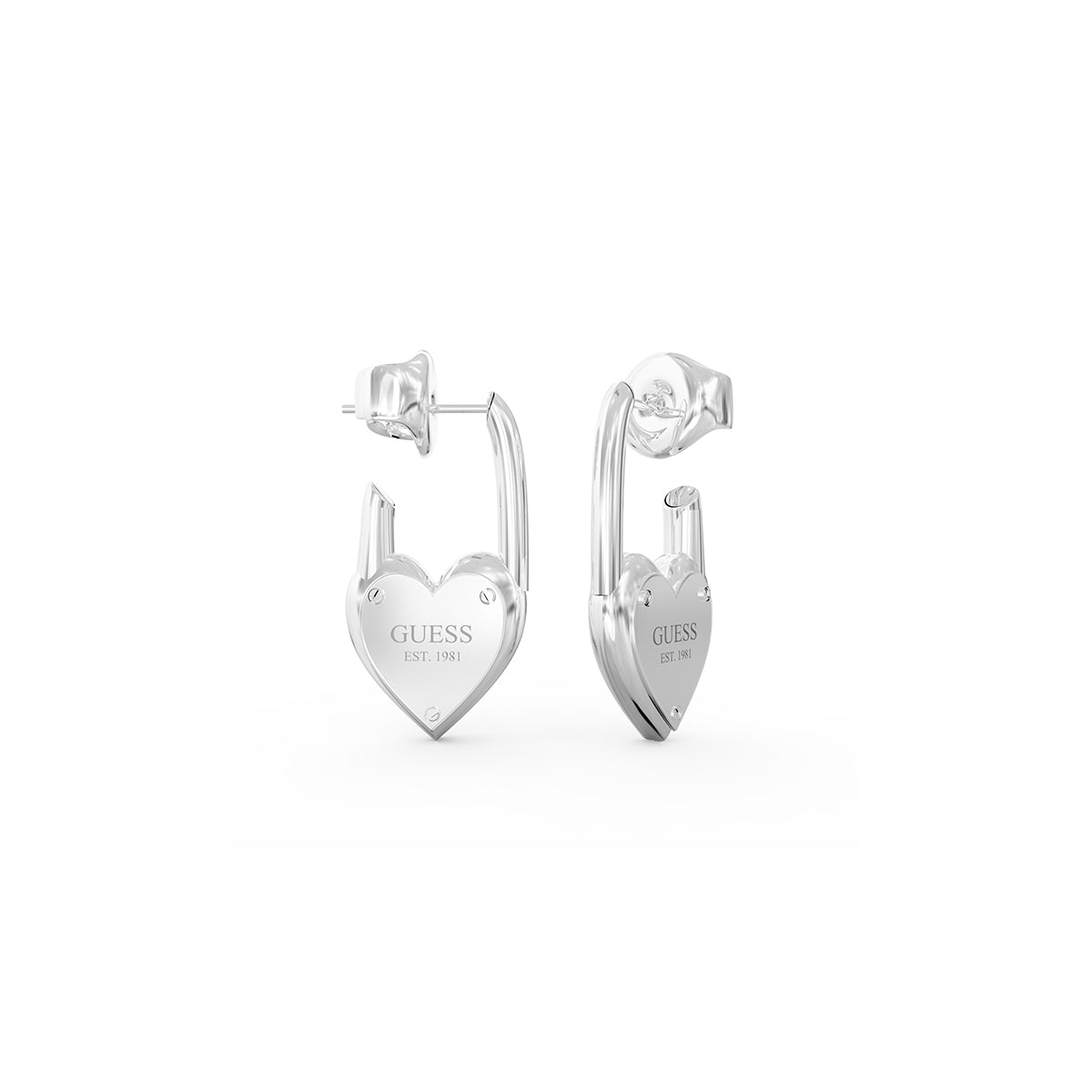 GUESS JEWELS JEWELRY Mod. JUBE04214JWRHT-U silver heart-shaped hoop earrings with logo engravings.