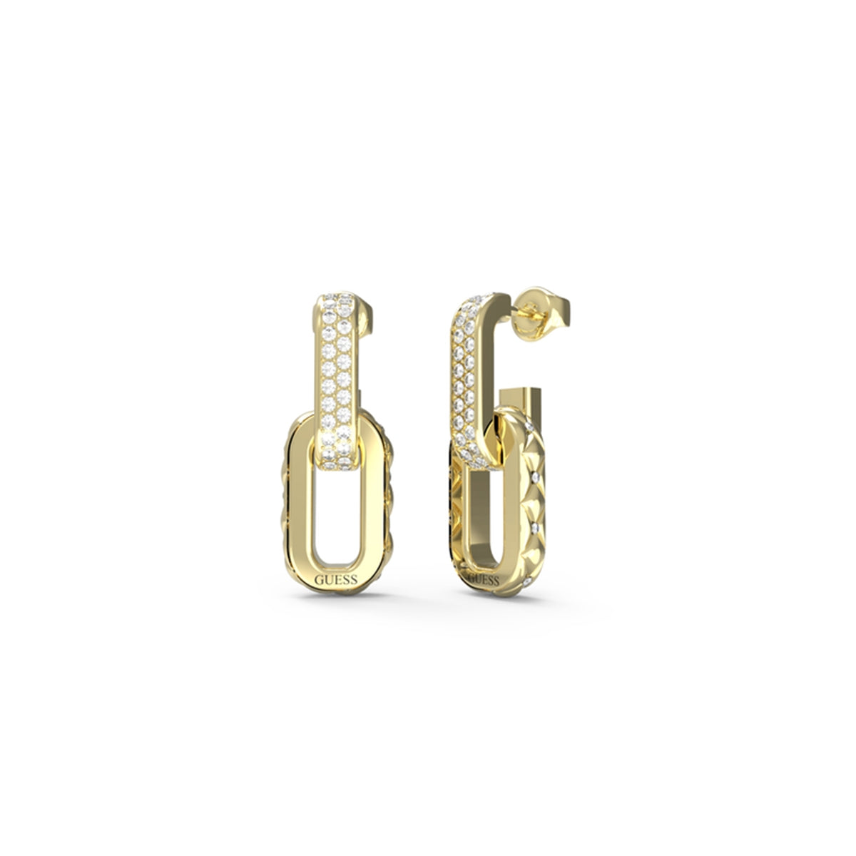 GUESS JEWELS JEWELRY Mod. JUBE04582JWYGT-U gold earrings with crystal accents on white background