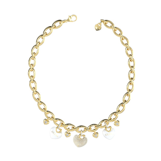GUESS JEWELS JEWELRY Mod. JUBN05203JWYGWHT-U heart charm gold bracelet on white background