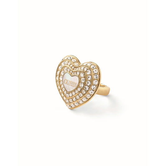 Alt Tag: GUESS JEWELS JEWELRY Mod. JUBR04016JWYGWH56 heart-shaped gold ring with crystal embellishments.