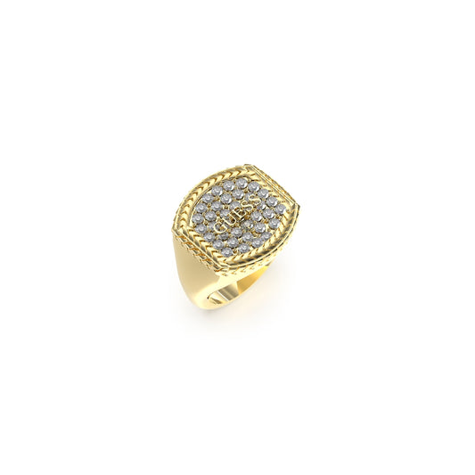 GUESS JEWELS JEWELRY Mod. JUMR05019JWYG62 gold ring with crystal embellishments on a white background