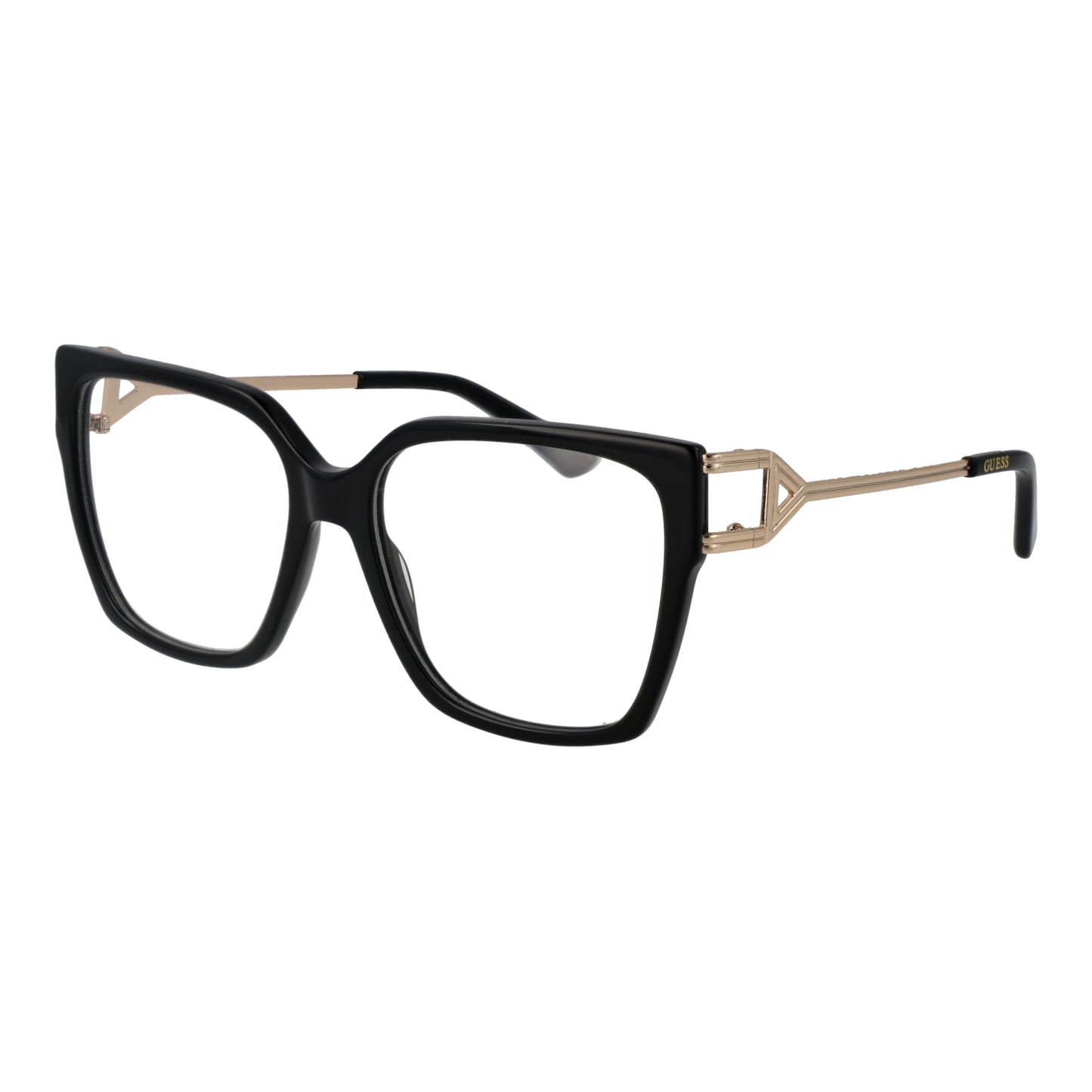 GUESS MOD. GU2910 55001 lady's eyeglasses with black frame and gold accents, chic fashion accessory.