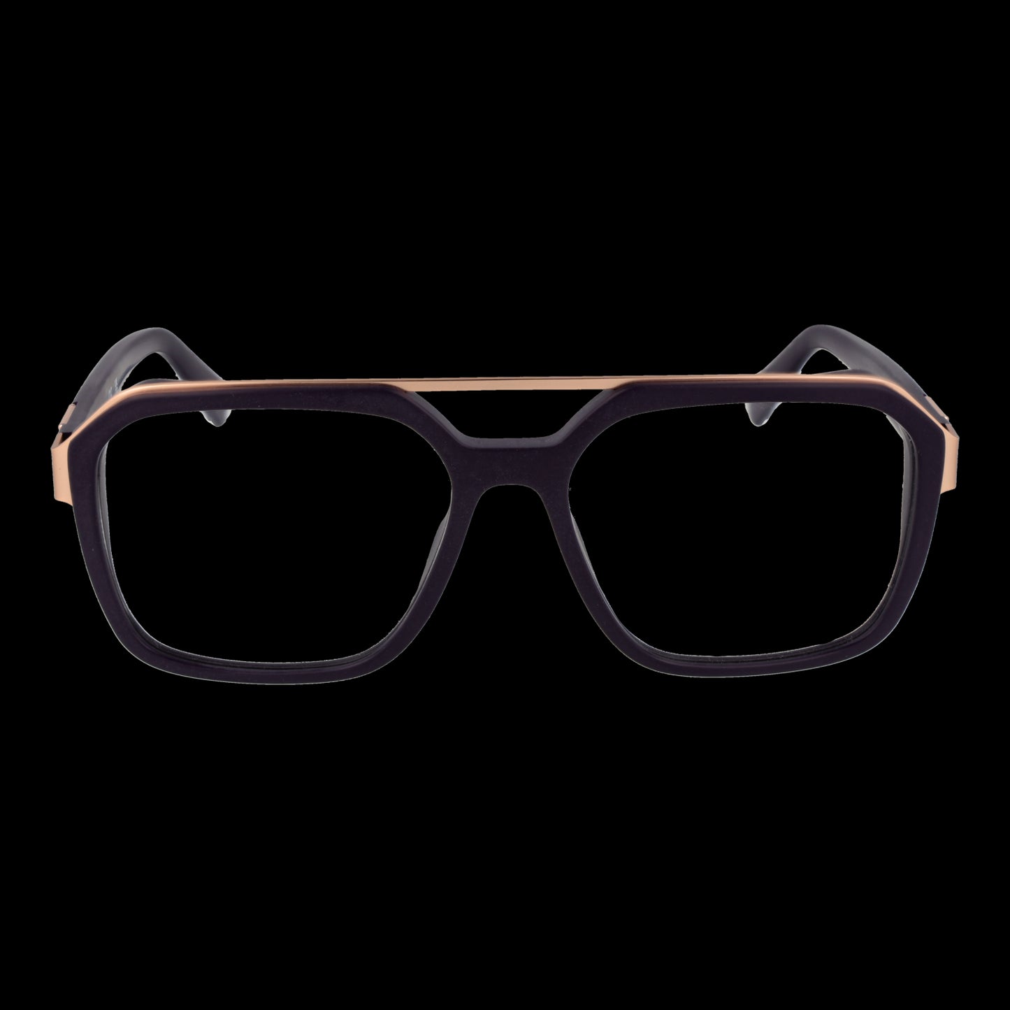 GUESS MOD. GU50138 55082 vintage-style gent's eyeglasses with dark frame and gold accents, front view against black background.