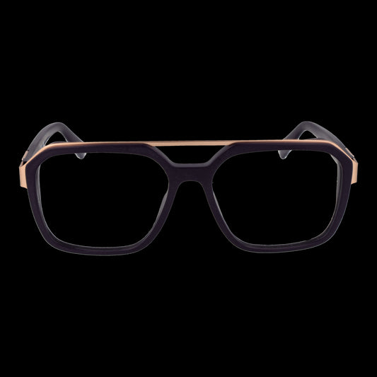 GUESS MOD. GU50138 55082 vintage-style gent's eyeglasses with dark frame and gold accents, front view against black background.