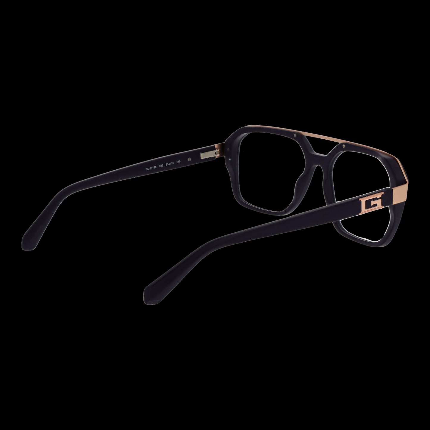 GUESS MOD. GU50138 55082 gent eyeglasses with black and gold frame on black background.