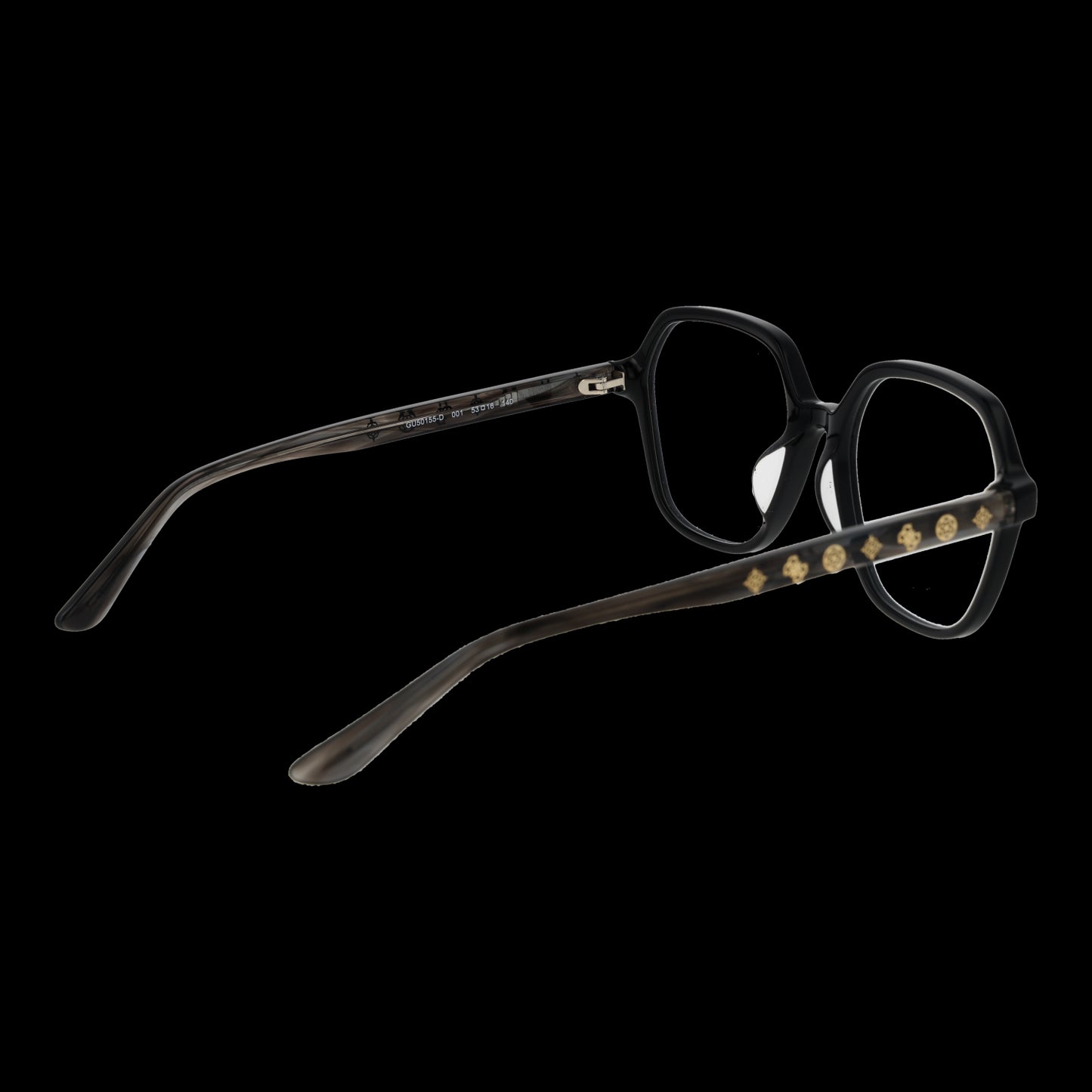 GUESS MOD. GU50155-D 53001 stylish lady eyewear with black frame and gold accents.