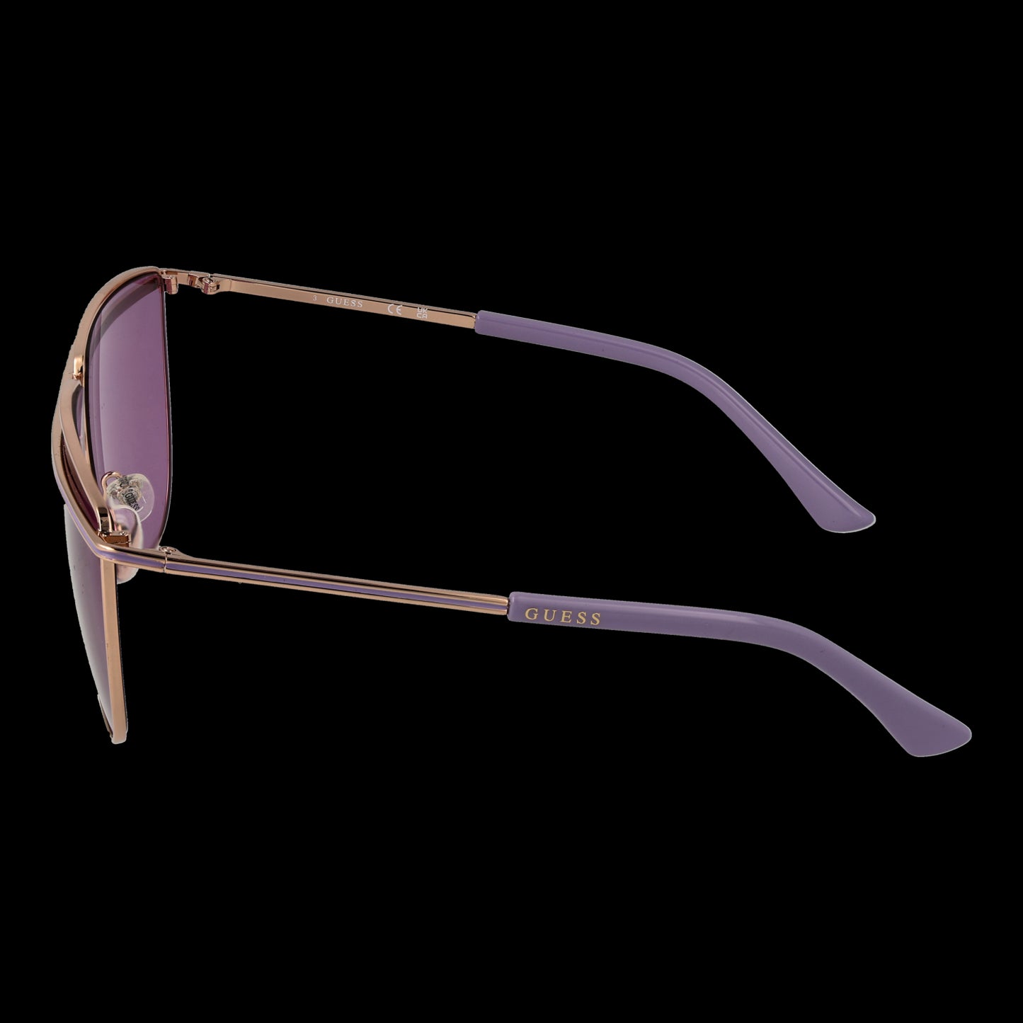 GUESS MOD. GU7852 6332Y lady sunglasses with purple lenses and gold frame, side view