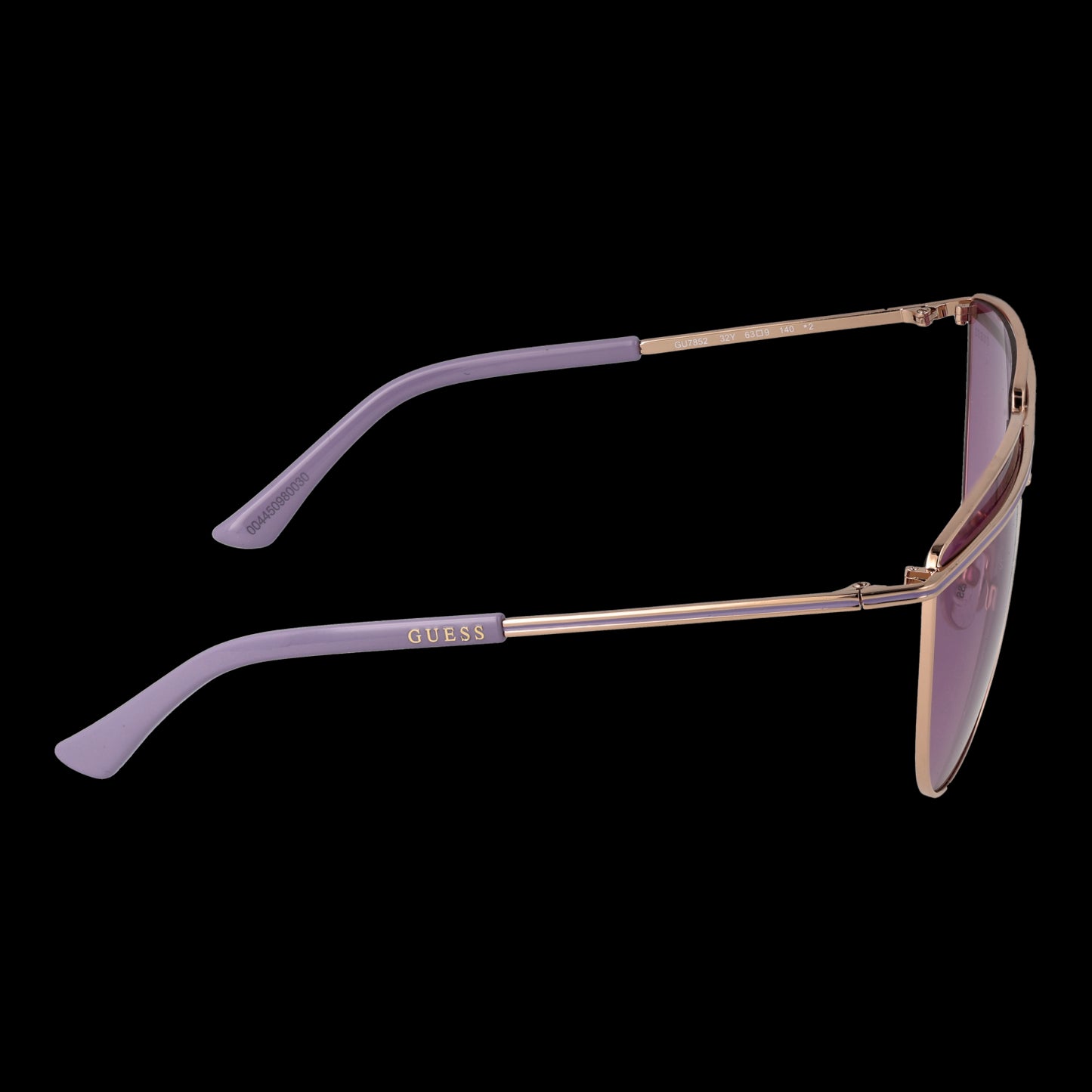 Side view of GUESS MOD. GU7852 6332Y sunglasses for ladies with purple arms showcasing design and color details.