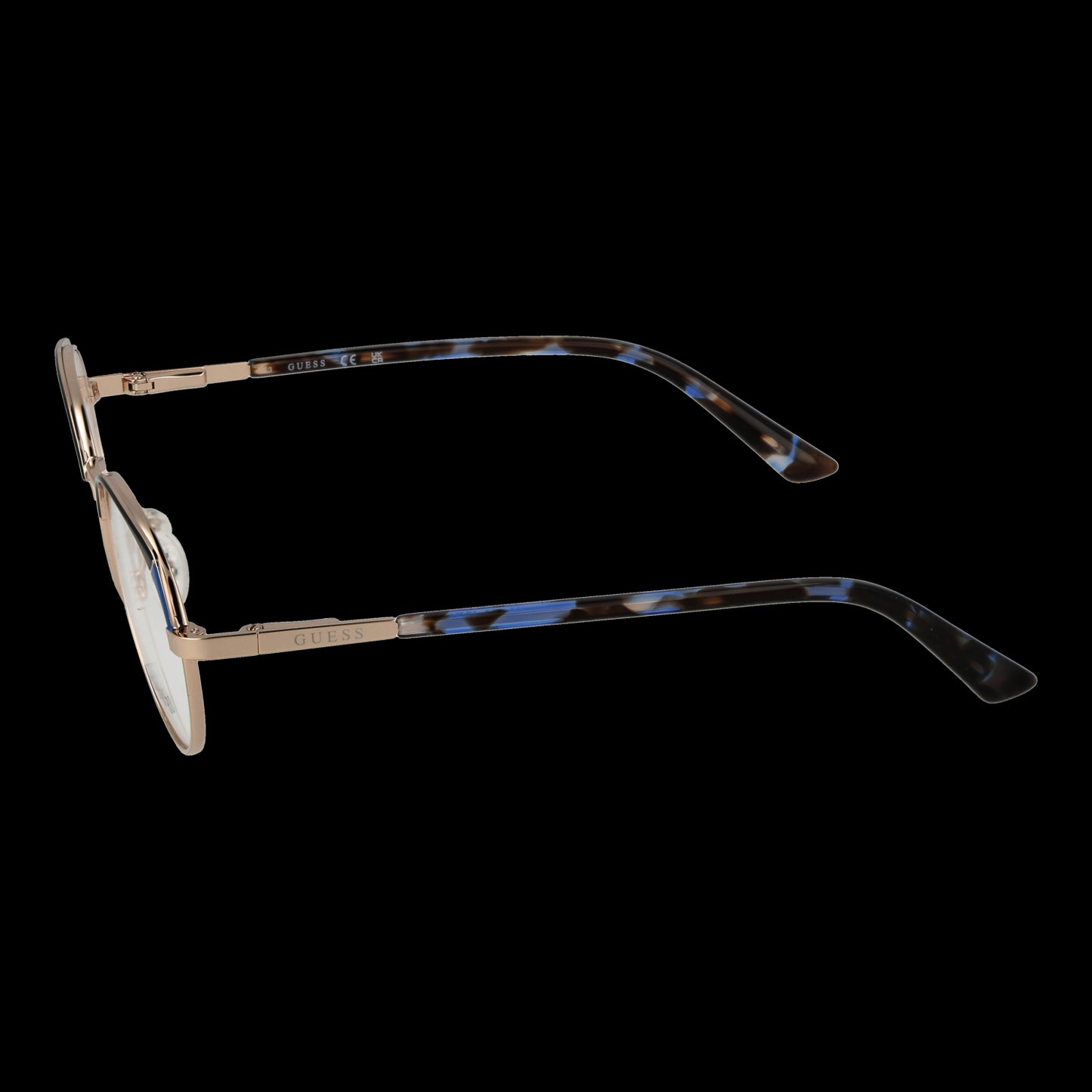 Side view of GUESS MOD. GU8273 47032 eyeglasses with sleek tortoise shell arms on a black background.