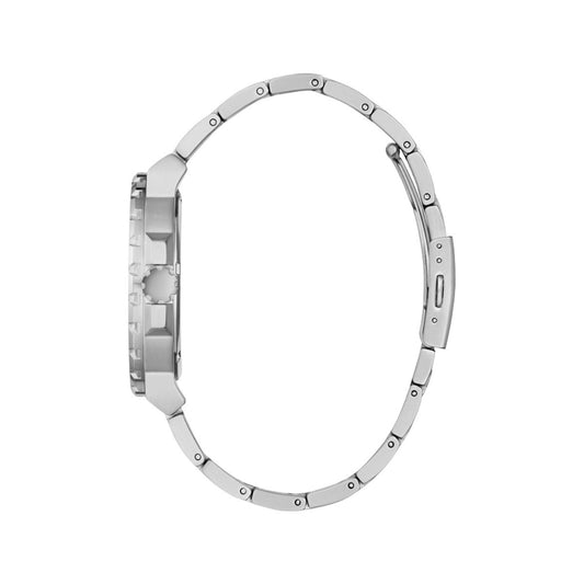 Side view of a silver watch with metal band, GUESS MOD. TRACK.