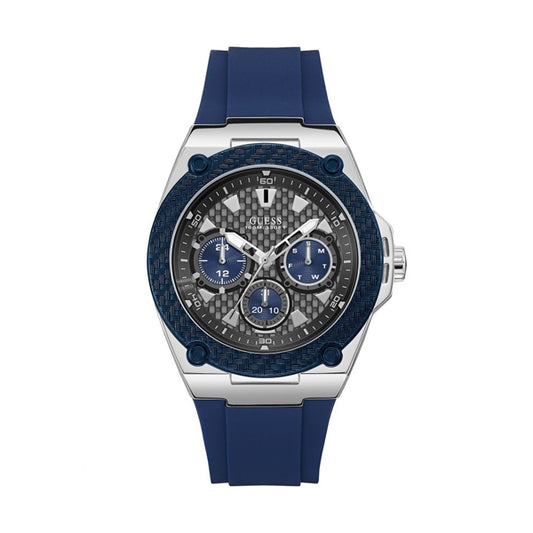 GUESS Mod. LEGACY wristwatch with blue silicone strap, stainless steel case, quartz movement, and mineral dial, water resistant 10 ATM.
