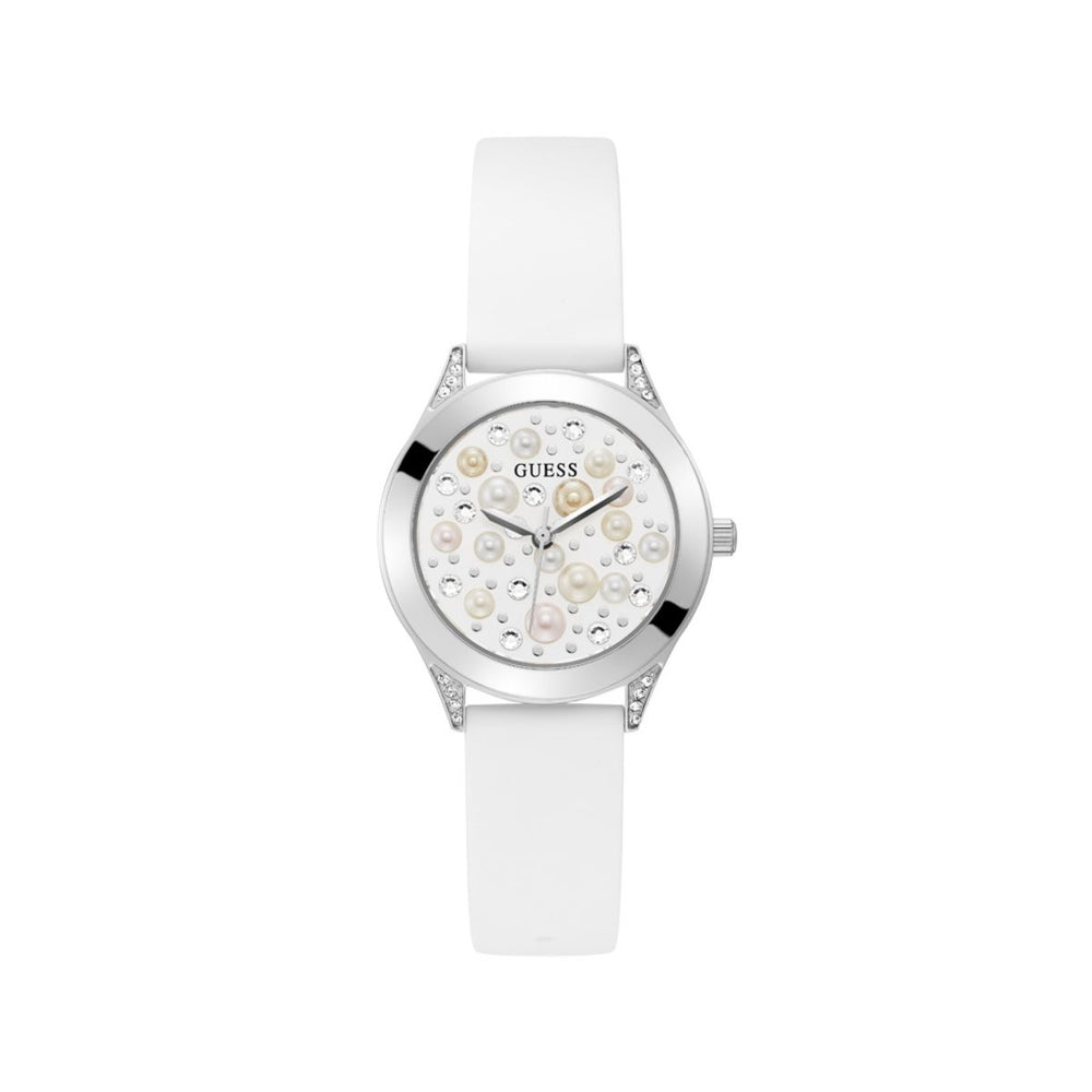 GUESS Mod. PEARL ladies wristwatch in white silicone with stainless steel case, 36mm water-resistant 3 ATM, quartz movement.