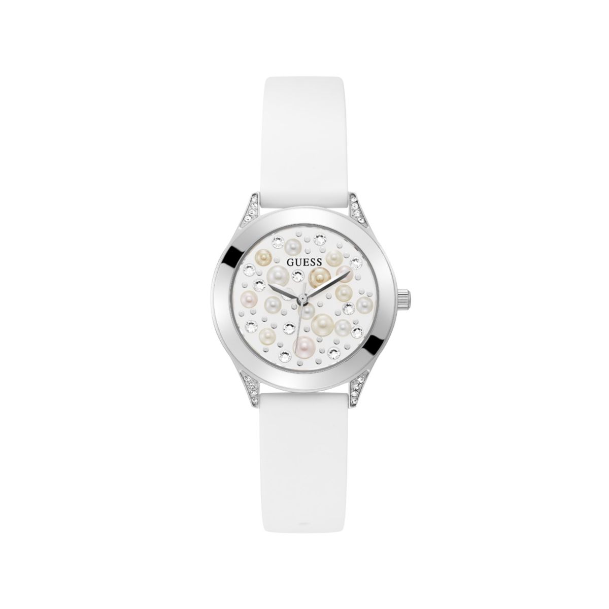 GUESS Mod. PEARL ladies wristwatch in white silicone with stainless steel case, 36mm water-resistant 3 ATM, quartz movement.